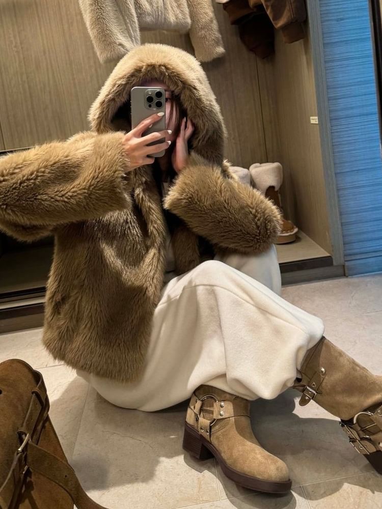 Plain Fluffy Hooded Jacket