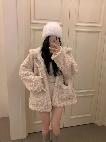 Plain Hood Toggle Teddy Jacket