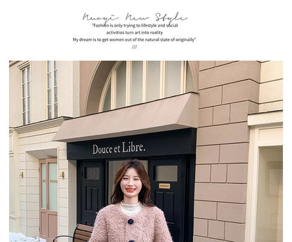 V-Neck Flower Button Teddy Jacket