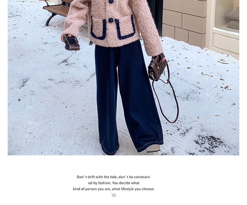 V-Neck Flower Button Teddy Jacket