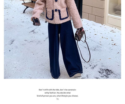 V-Neck Flower Button Teddy Jacket