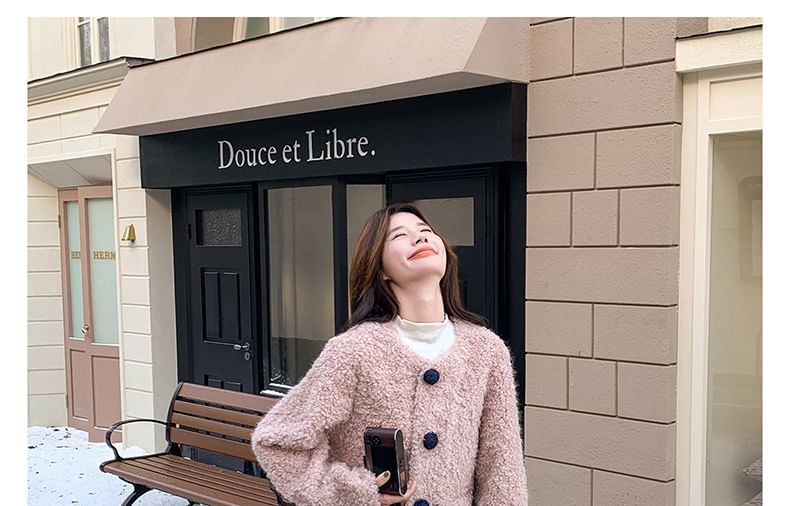 V-Neck Flower Button Teddy Jacket