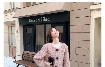 V-Neck Flower Button Teddy Jacket