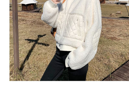 Stand Collar Plain Quilted Panel Zip Teddy Jacket