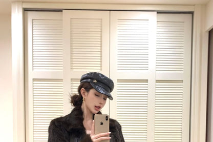 Collared Plain Faux Fur Jacket / Drawstring Waist Plain Knit Straight Leg Pants