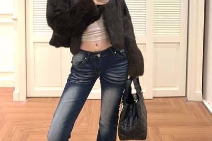 Collared Plain Faux Fur Jacket / Drawstring Waist Plain Knit Straight Leg Pants