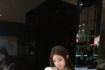 Collared Plain Faux Fur Jacket / Drawstring Waist Plain Knit Straight Leg Pants