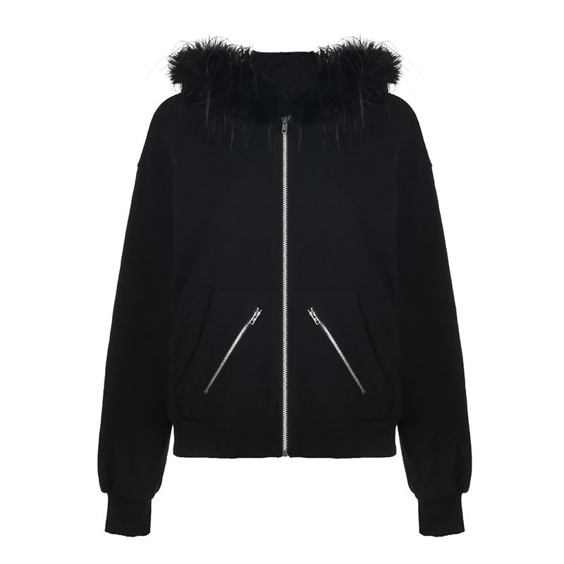 Faux Fur Trim Zip-Up Hoodie