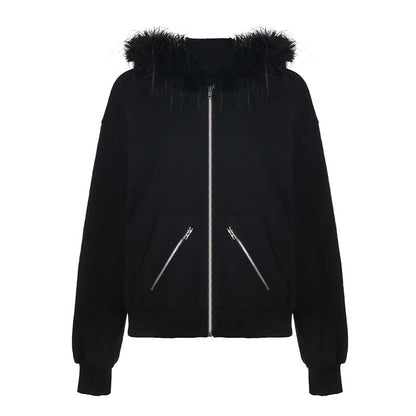 Faux Fur Trim Zip-Up Hoodie