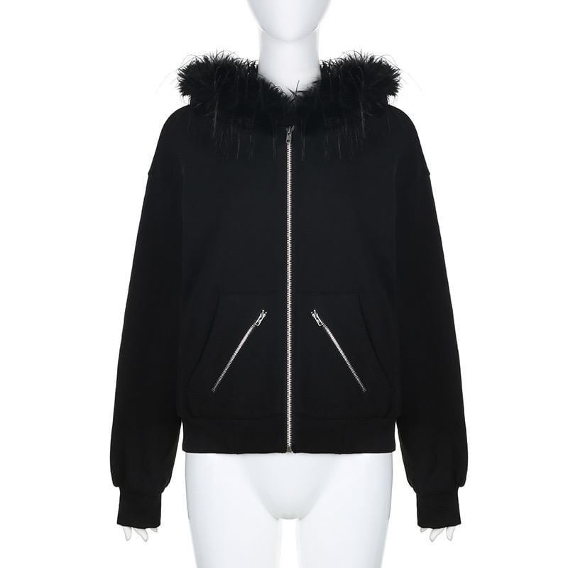 Faux Fur Trim Zip-Up Hoodie
