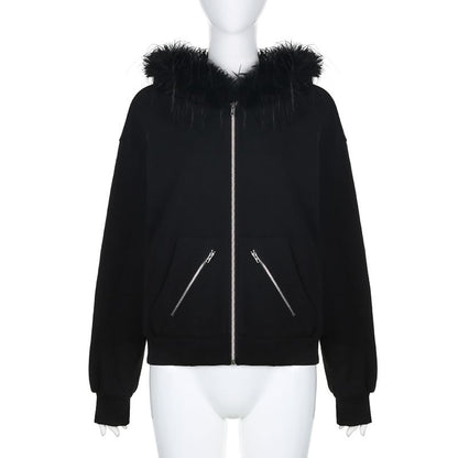 Faux Fur Trim Zip-Up Hoodie