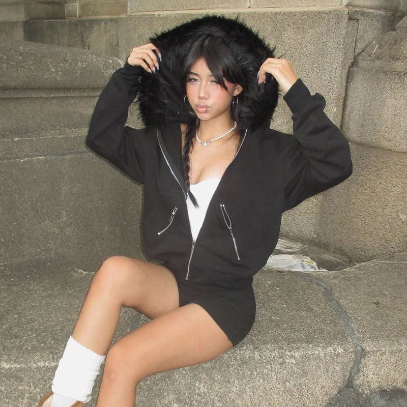 Faux Fur Trim Zip-Up Hoodie