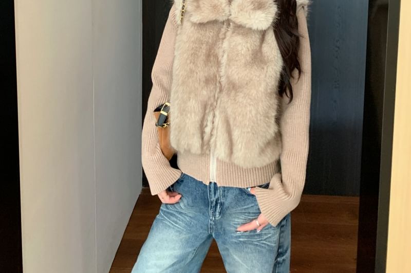 Collared Faux Fur Zip Jacket
