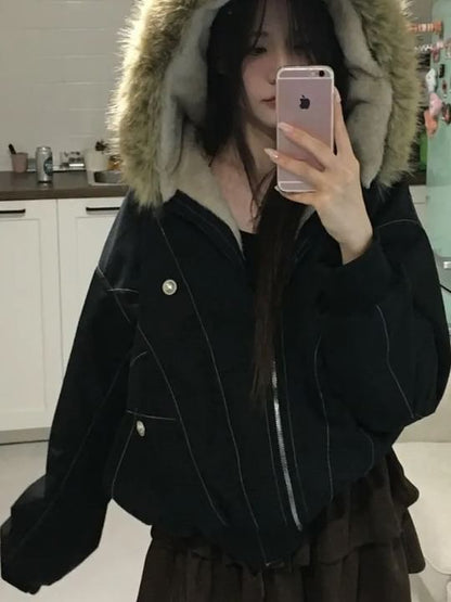Faux Fur Hooded Zip-Up Padded Jacket
