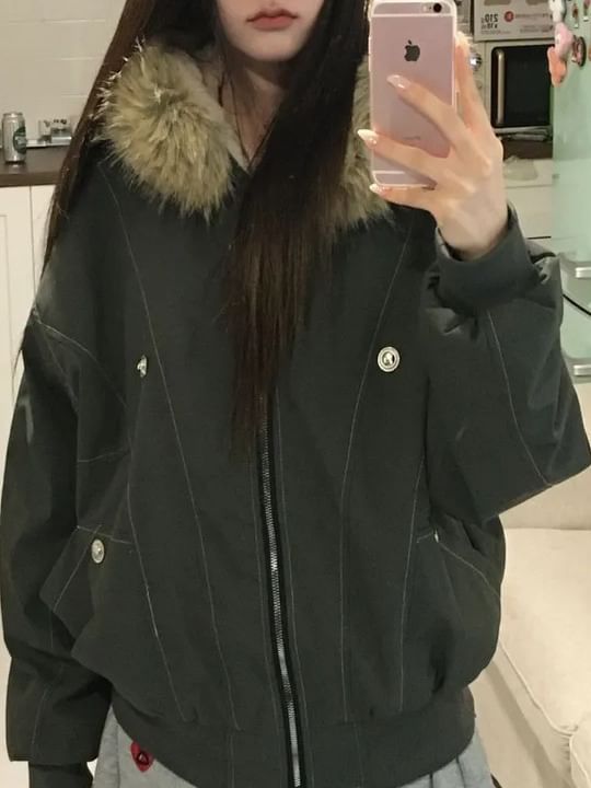 Faux Fur Hooded Zip-Up Padded Jacket
