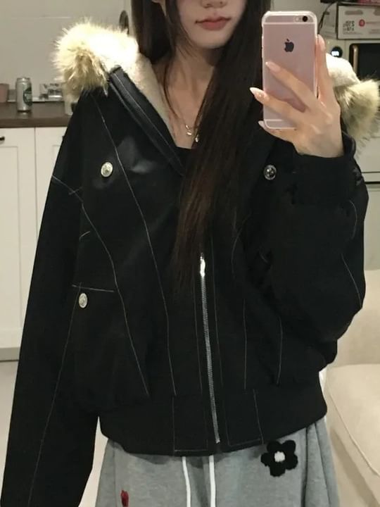 Faux Fur Hooded Zip-Up Padded Jacket