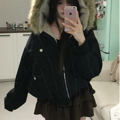 Faux Fur Hooded Zip-Up Padded Jacket