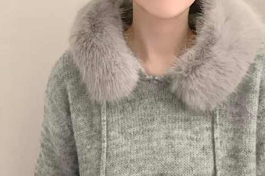 Faux Fur Pom Pom Knit Hoodie