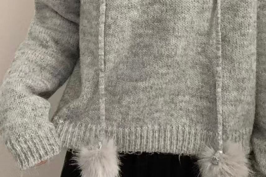 Faux Fur Pom Pom Knit Hoodie