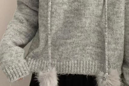 Faux Fur Pom Pom Knit Hoodie