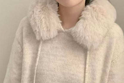 Faux Fur Pom Pom Knit Hoodie