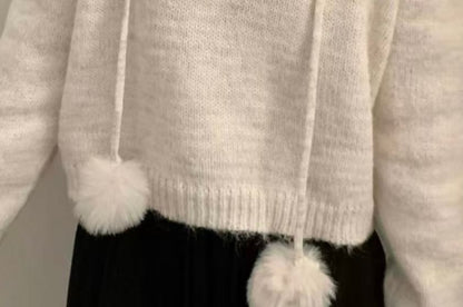 Faux Fur Pom Pom Knit Hoodie