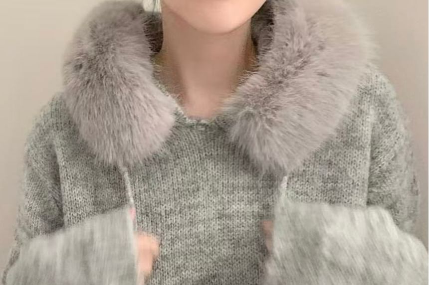 Faux Fur Pom Pom Knit Hoodie