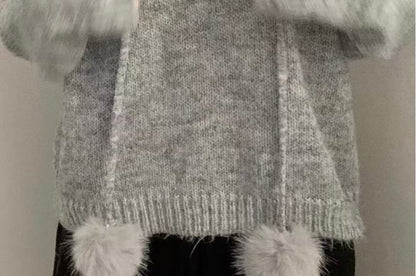 Faux Fur Pom Pom Knit Hoodie