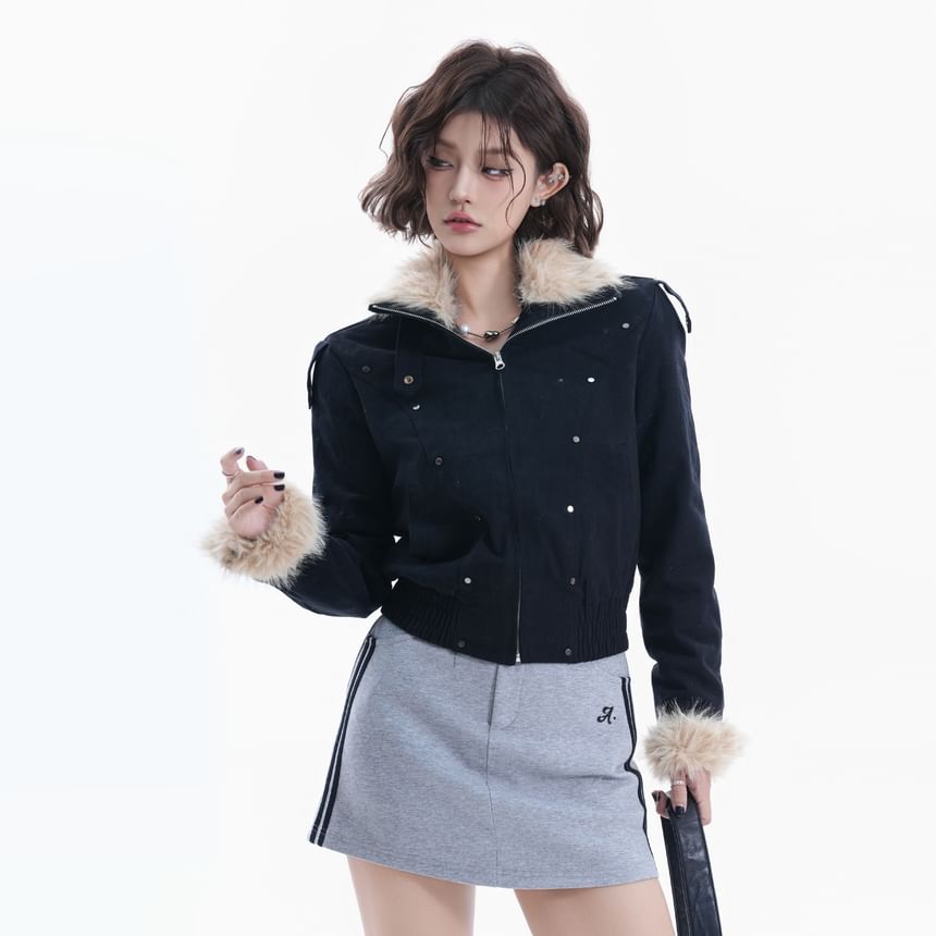 Stand Collar Studded Panel Faux Fur Zip Jacket
