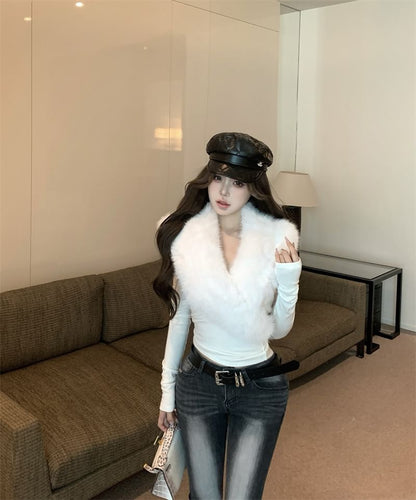 Long-Sleeve Faux Fur Collared Top