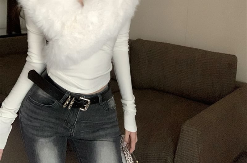 Long-Sleeve Faux Fur Collared Top