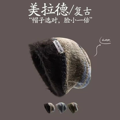 Lettering Applique Striped Faux Fur Slouchy Beanie