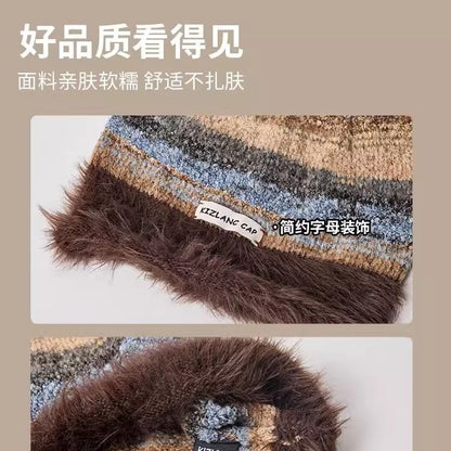 Lettering Applique Striped Faux Fur Slouchy Beanie