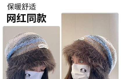 Lettering Applique Striped Faux Fur Slouchy Beanie