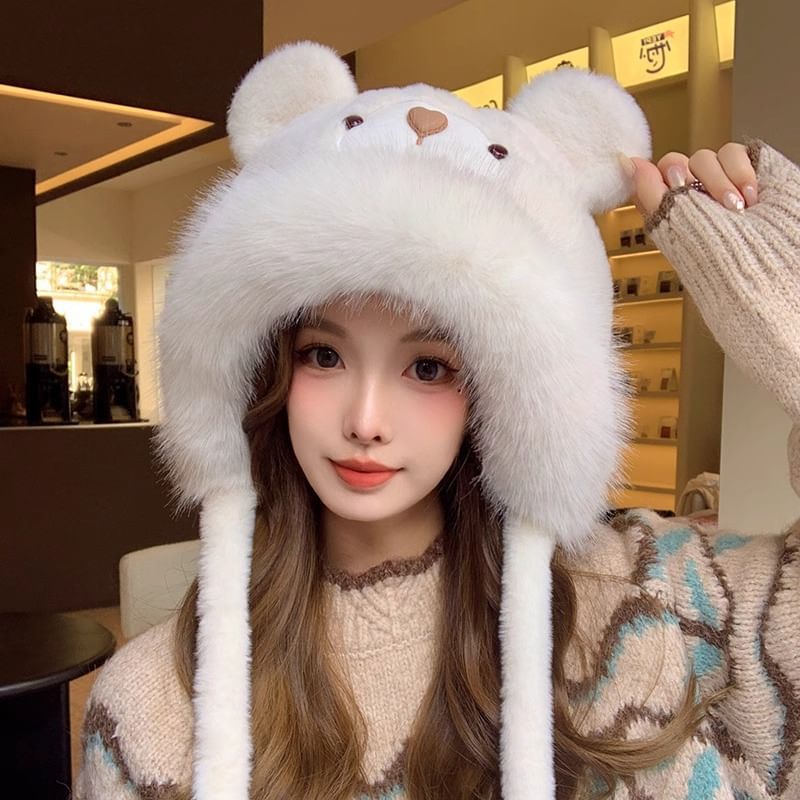 Bear Ear Pom Pom Faux Fur Trapper Hat (Various Designs)