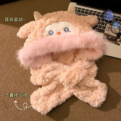 Sheep Faux Shearling Faux Fur Hooded Scarf