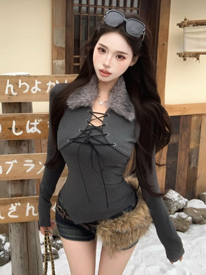 Long Sleeve Faux Fur Collar Mock Two Piece Lace Up Top