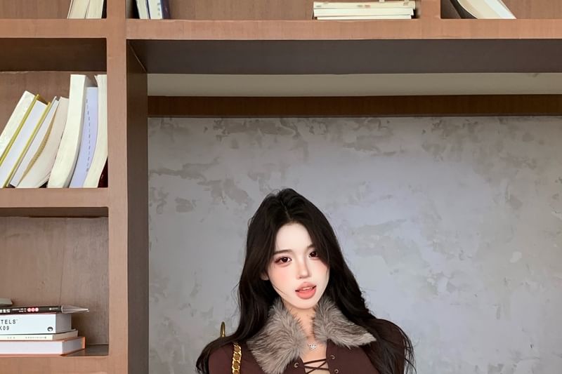 Long Sleeve Faux Fur Collar Mock Two Piece Lace Up Top