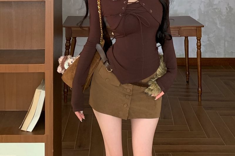 Long Sleeve Faux Fur Collar Mock Two Piece Lace Up Top