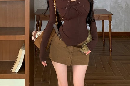 Long Sleeve Faux Fur Collar Mock Two Piece Lace Up Top