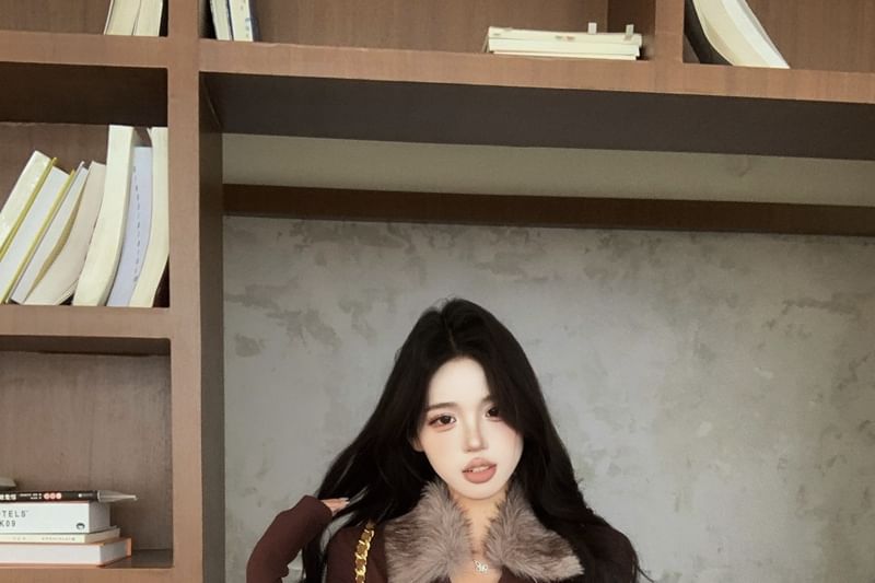 Long Sleeve Faux Fur Collar Mock Two Piece Lace Up Top