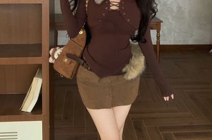 Long Sleeve Faux Fur Collar Mock Two Piece Lace Up Top