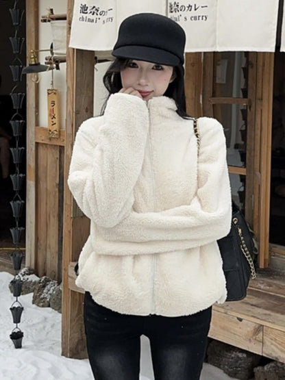 Stand Collar Plain Fluffy Zip Jacket