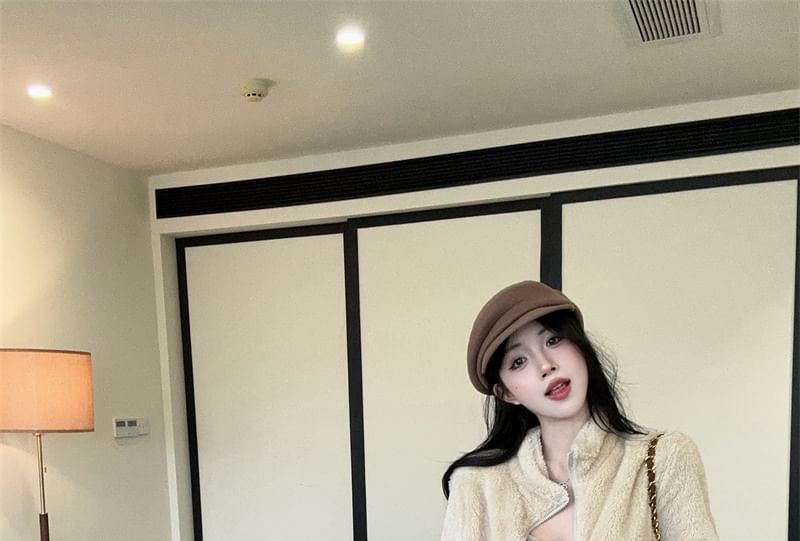 Stand Collar Plain Fluffy Zip Jacket