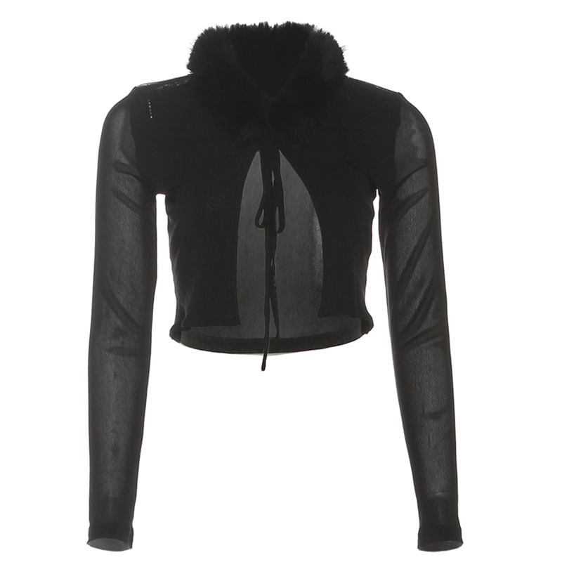 Long Sleeve Faux Fur Trim Crop Light Cardigan / Low Waist Mini Pencil Skirt