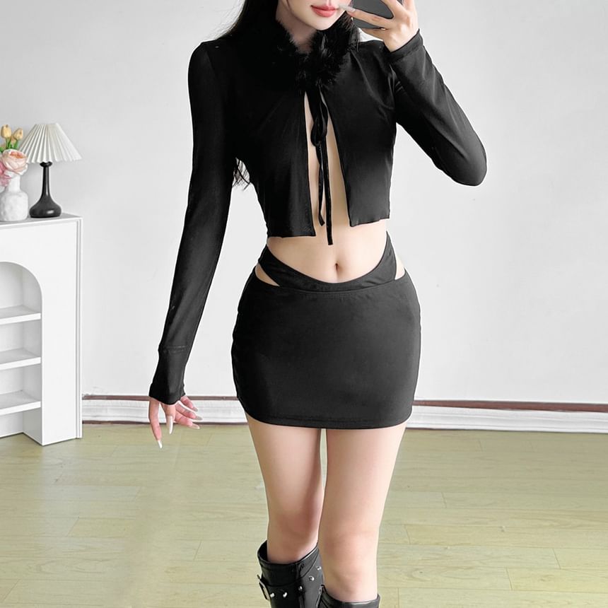 Long Sleeve Faux Fur Trim Crop Light Cardigan / Low Waist Mini Pencil Skirt