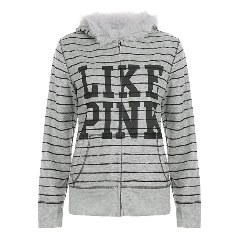 Long Sleeve Faux Fur Trim Lettering Print Striped Zip-Up Hooded Jacket