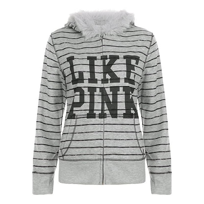 Long Sleeve Faux Fur Trim Lettering Print Striped Zip-Up Hooded Jacket