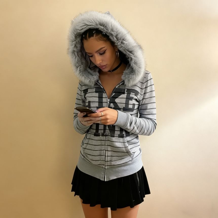 Long Sleeve Faux Fur Trim Lettering Print Striped Zip-Up Hooded Jacket