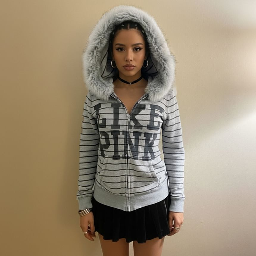 Long Sleeve Faux Fur Trim Lettering Print Striped Zip-Up Hooded Jacket